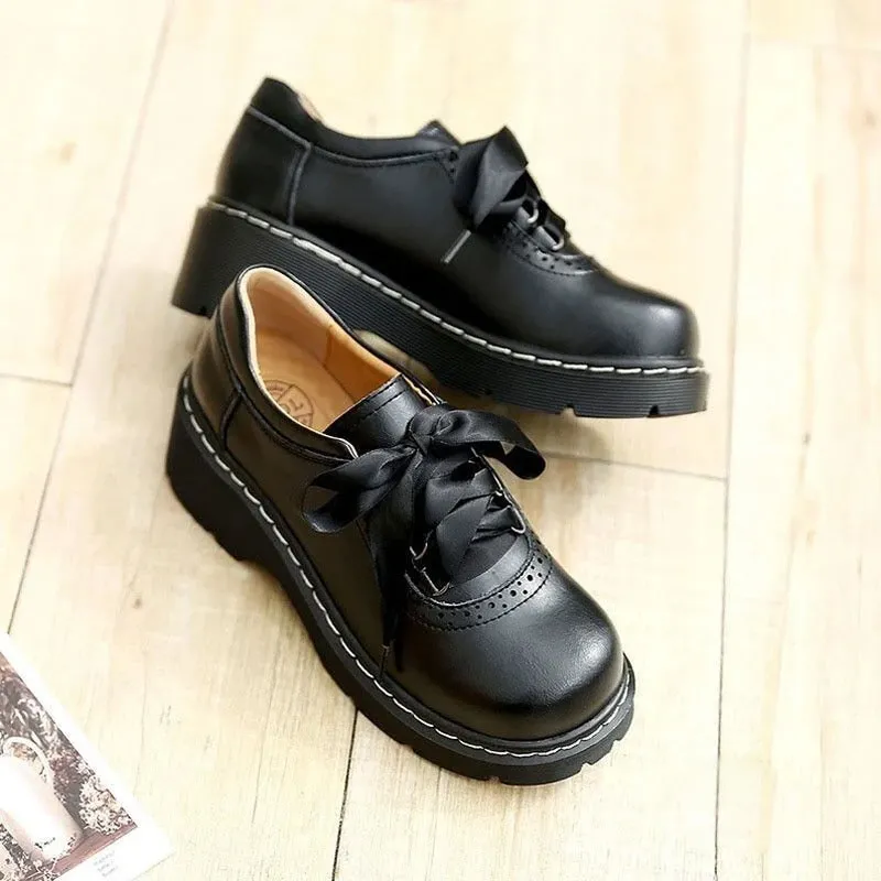 Womens Round Toe Retro Platform Lace Up Oxford Shoes