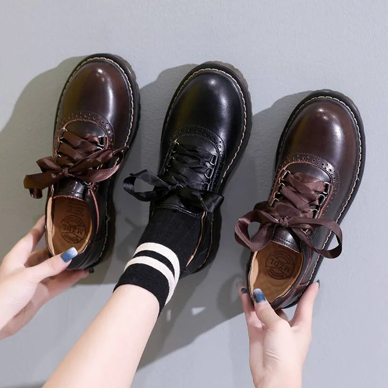 Womens Round Toe Retro Platform Lace Up Oxford Shoes