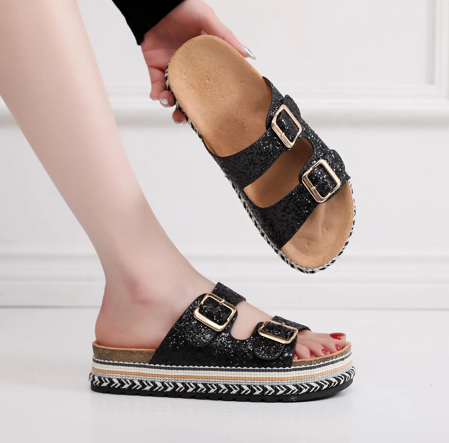 Womens Sandals Cork Footbed Slide Comfortable Summer Beach Shoes Platform Suede Leather with Arch Support Slippers Adjustable Buckle Rubber Sole