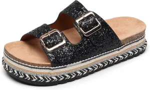 Womens Sandals Cork Footbed Slide Comfortable Summer Beach Shoes Platform Suede Leather with Arch Support Slippers Adjustable Buckle Rubber Sole