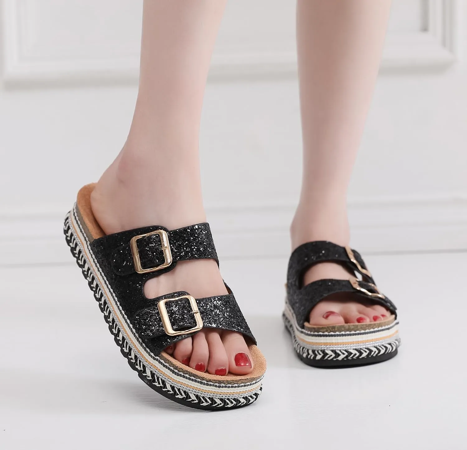 Womens Sandals Cork Footbed Slide Comfortable Summer Beach Shoes Platform Suede Leather with Arch Support Slippers Adjustable Buckle Rubber Sole
