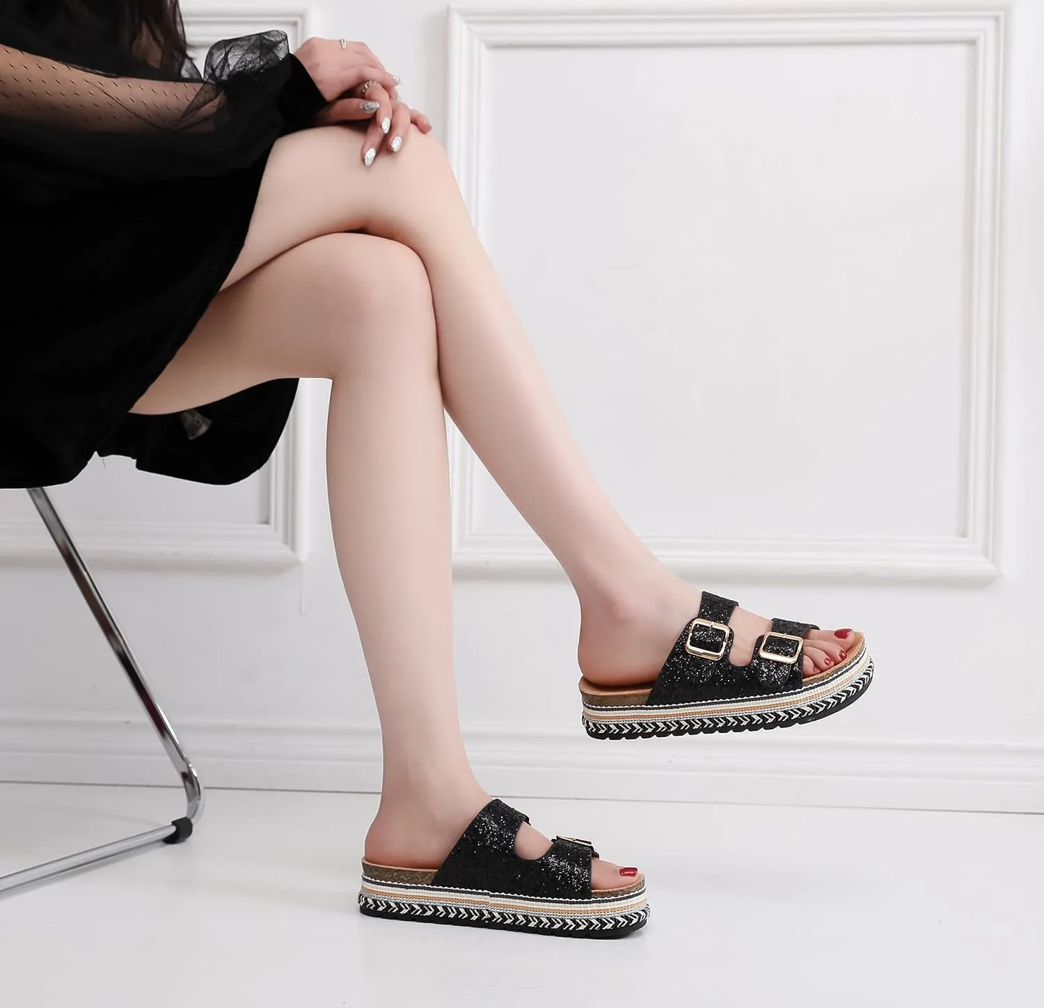 Womens Sandals Cork Footbed Slide Comfortable Summer Beach Shoes Platform Suede Leather with Arch Support Slippers Adjustable Buckle Rubber Sole