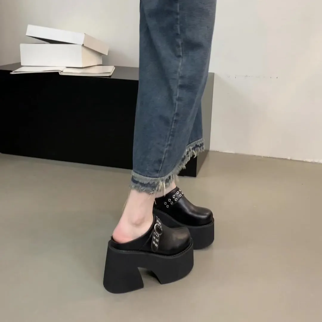 Women's Slip on Platform Mules, Closed Toe Slide Sandals, Chunky High Heel Slipper Mule Shoes