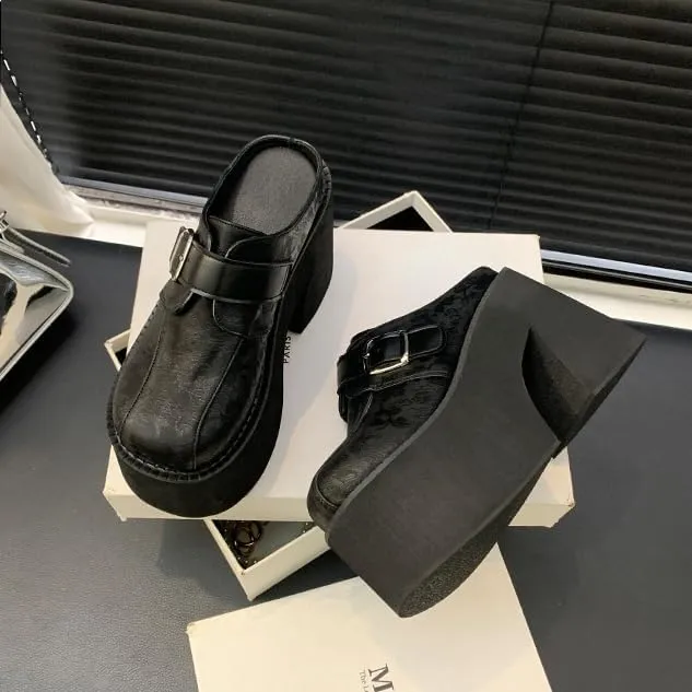 Women's Slip on Platform Mules, Closed Toe Slide Sandals, Chunky High Heel Slipper Mule Shoes