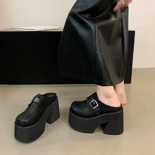 Women's Slip on Platform Mules, Closed Toe Slide Sandals, Chunky High Heel Slipper Mule Shoes