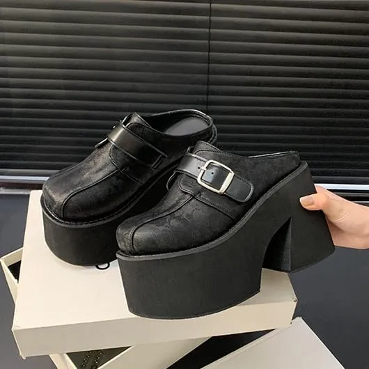 Women's Slip on Platform Mules, Closed Toe Slide Sandals, Chunky High Heel Slipper Mule Shoes