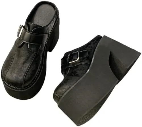 Women's Slip on Platform Mules, Closed Toe Slide Sandals, Chunky High Heel Slipper Mule Shoes