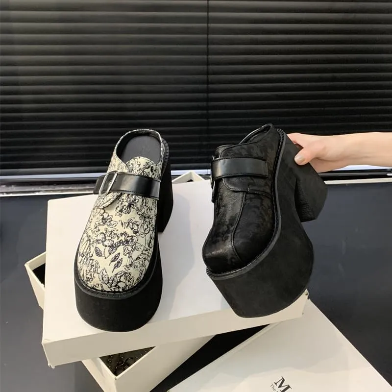 Women's Slip on Platform Mules, Closed Toe Slide Sandals, Chunky High Heel Slipper Mule Shoes
