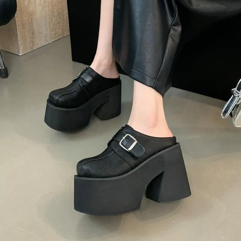 Women's Slip on Platform Mules, Closed Toe Slide Sandals, Chunky High Heel Slipper Mule Shoes