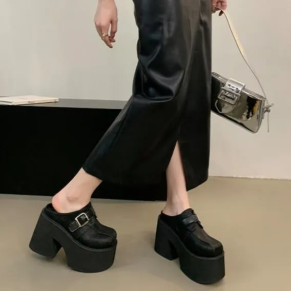 Women's Slip on Platform Mules, Closed Toe Slide Sandals, Chunky High Heel Slipper Mule Shoes