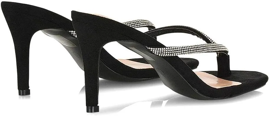 Womens Stiletto Heel Sandals Ladies Diamante Toe Post Thong Slip On Flip Flop Mule Shoes