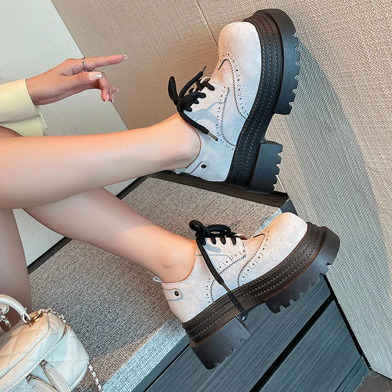 Women's Street Wide Toe Box Thick Bottom Chunky Heel Lace Up Oxford Shoes
