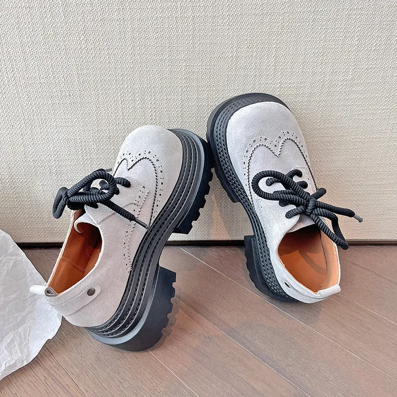 Women's Street Wide Toe Box Thick Bottom Chunky Heel Lace Up Oxford Shoes