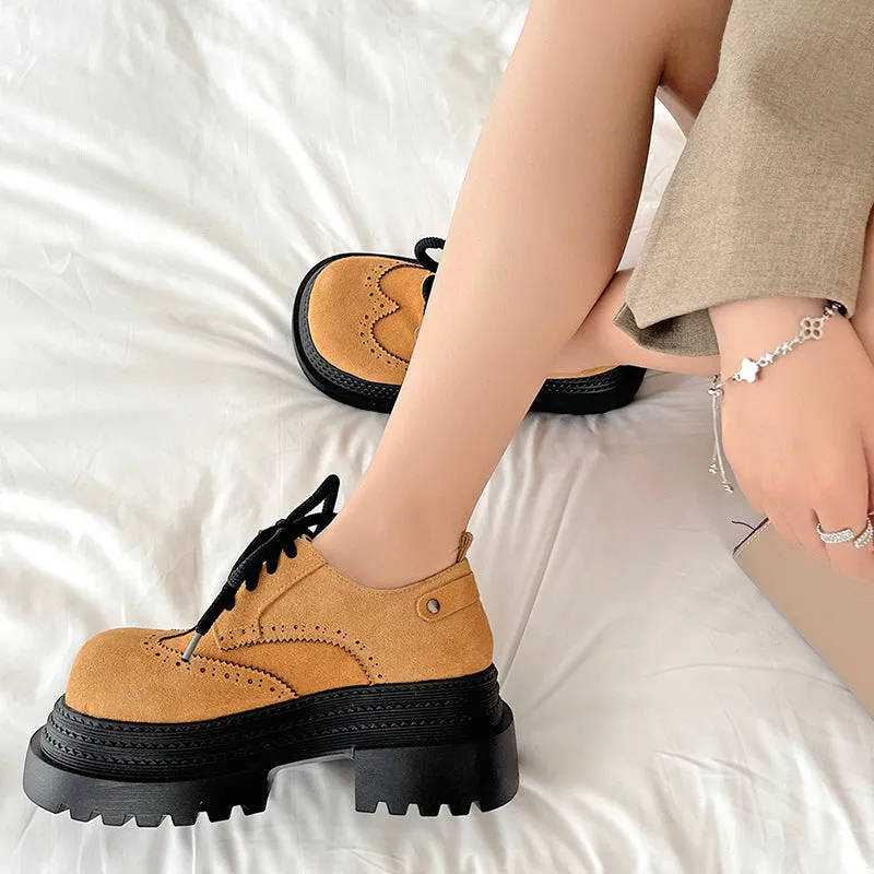 Women's Street Wide Toe Box Thick Bottom Chunky Heel Lace Up Oxford Shoes