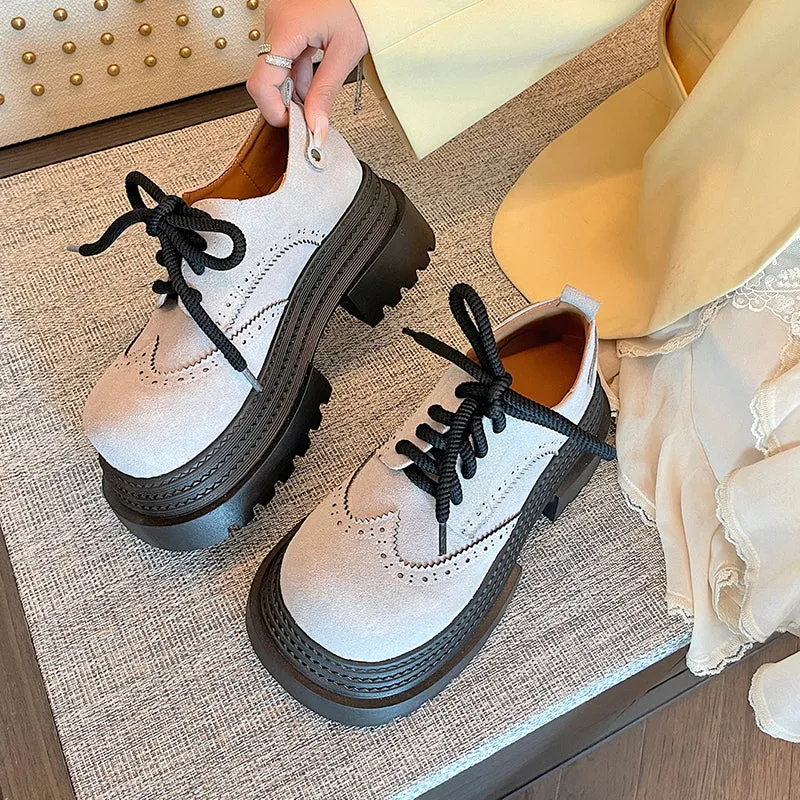 Women's Street Wide Toe Box Thick Bottom Chunky Heel Lace Up Oxford Shoes