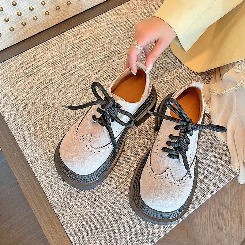 Women's Street Wide Toe Box Thick Bottom Chunky Heel Lace Up Oxford Shoes