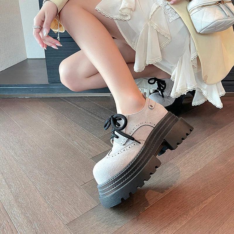 Women's Street Wide Toe Box Thick Bottom Chunky Heel Lace Up Oxford Shoes