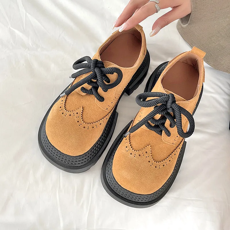 Women's Street Wide Toe Box Thick Bottom Chunky Heel Lace Up Oxford Shoes