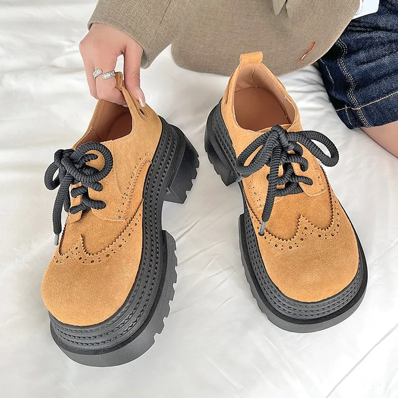 Women's Street Wide Toe Box Thick Bottom Chunky Heel Lace Up Oxford Shoes