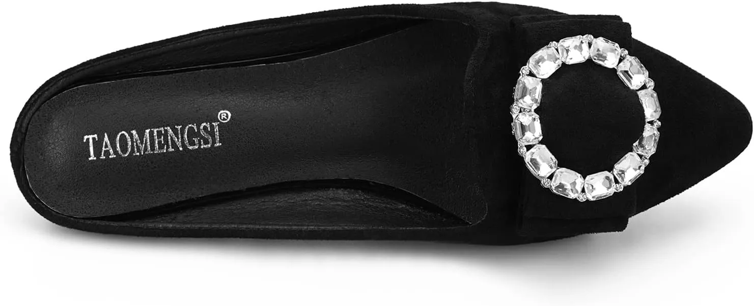 Women's Suede Leather Mules Mules for Woman Rhinestone Flats Comfortable Slip on Women Mule Shoe