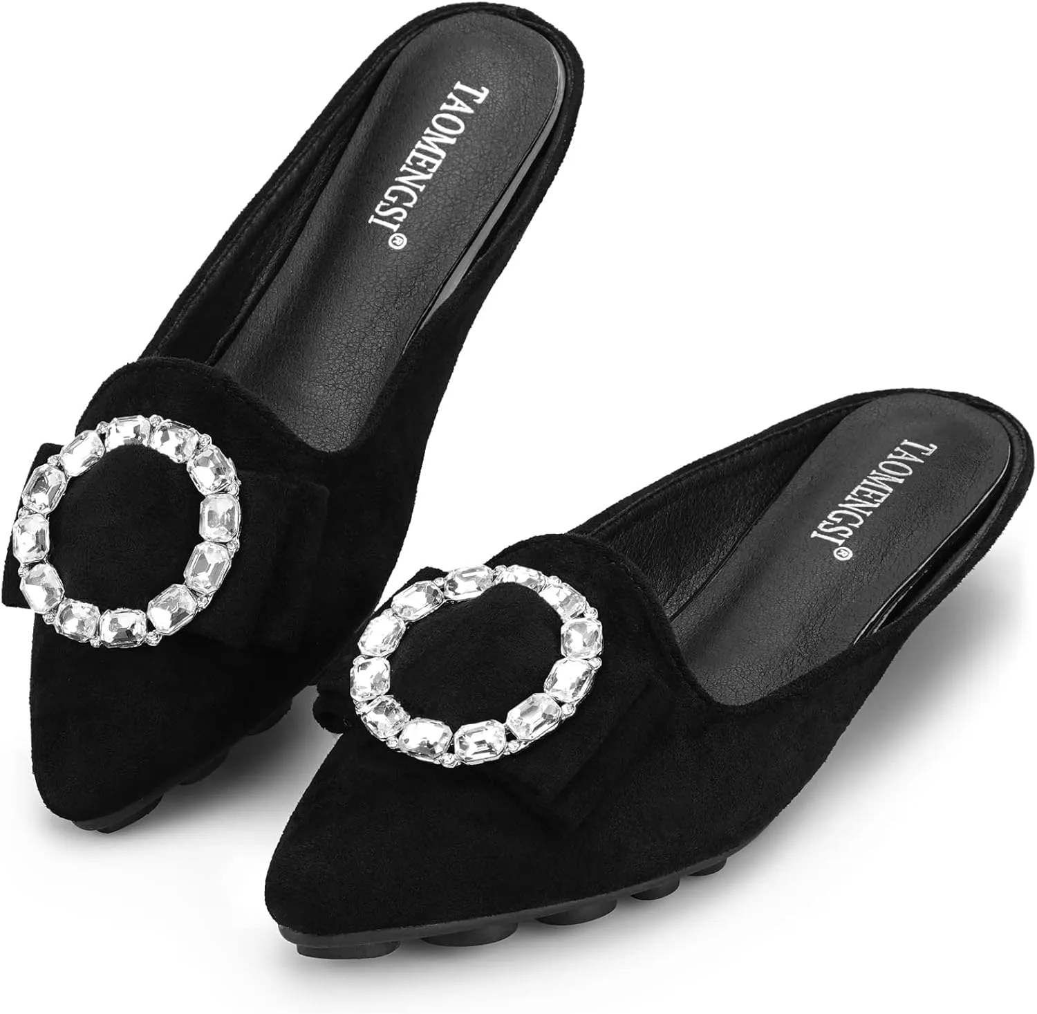 Women's Suede Leather Mules Mules for Woman Rhinestone Flats Comfortable Slip on Women Mule Shoe