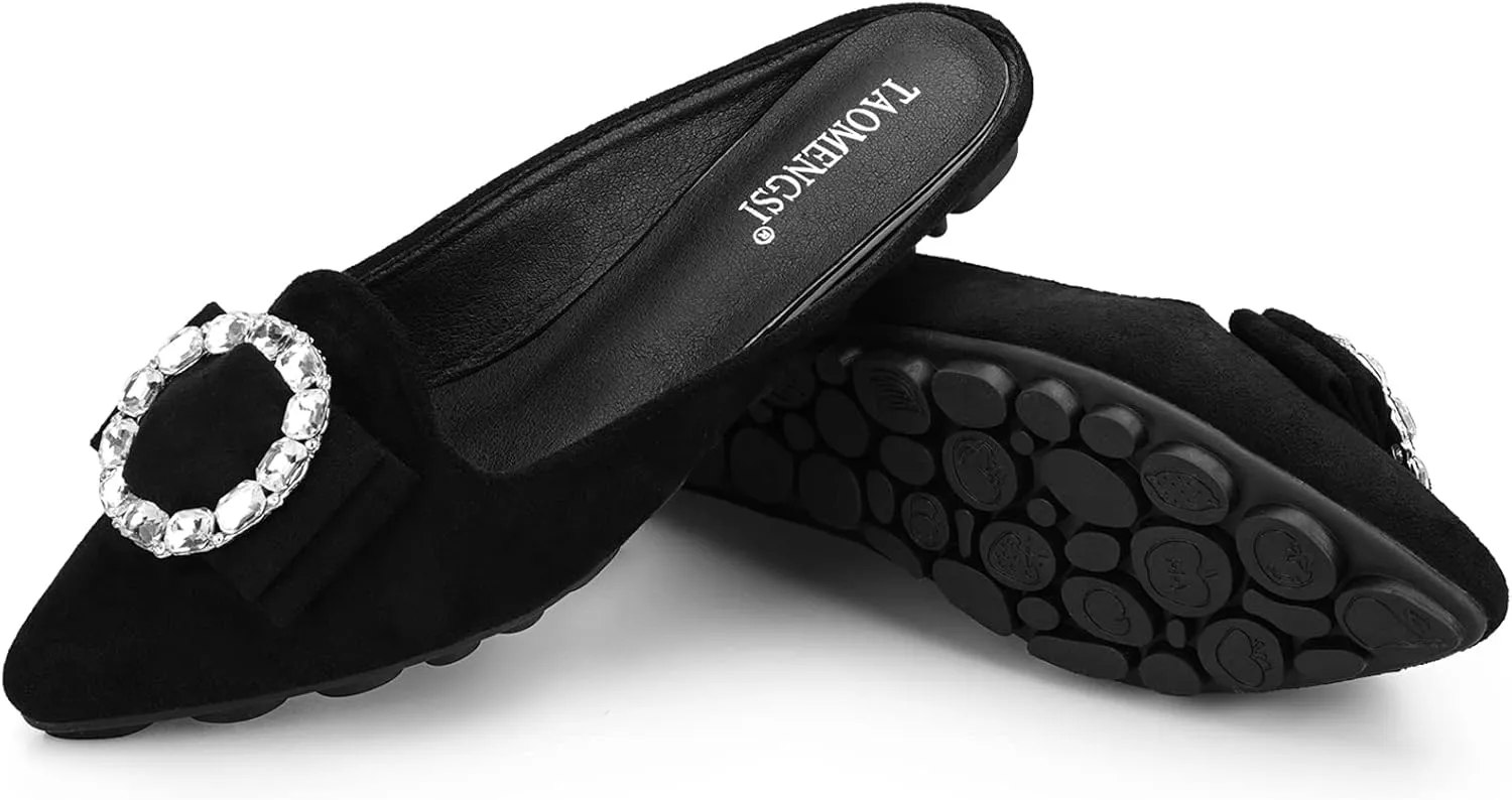 Women's Suede Leather Mules Mules for Woman Rhinestone Flats Comfortable Slip on Women Mule Shoe