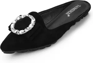 Women's Suede Leather Mules Mules for Woman Rhinestone Flats Comfortable Slip on Women Mule Shoe