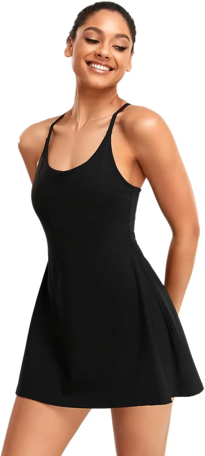 Women's Tennis Dress With Built-in Bra & Shorts Pockets - Workout Exercise Dress for Golf and Athletic Activities