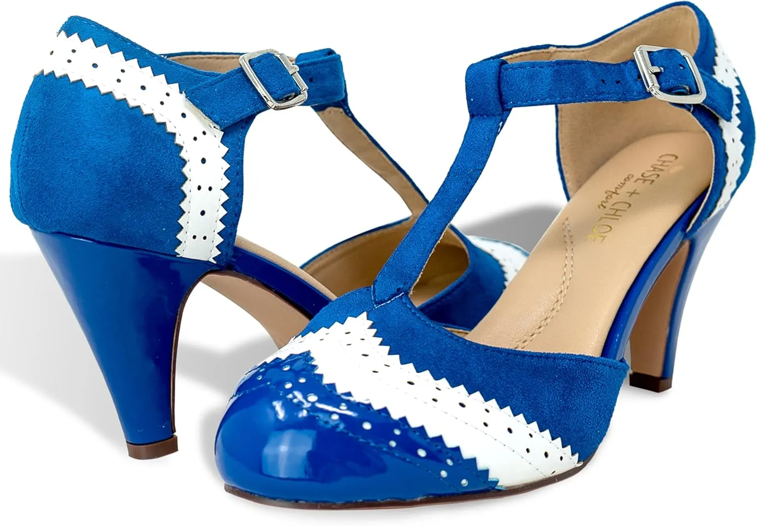 Women's Two Tones Wing Tips Retro Rockability 1950s Vintage T-Strap Pinup Style Pump Flapper