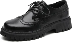 Womens Vintage Oxford Shoes Platform Lace-up Round Toe Patent Leather Brogues Casual Oxfords for Girls Ladies Women