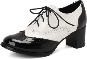 Womens Vintage Oxfords Shoes Chunky High Heels Lace Up Wingtip Two Tone Perforated Saddle Pumps Shoes