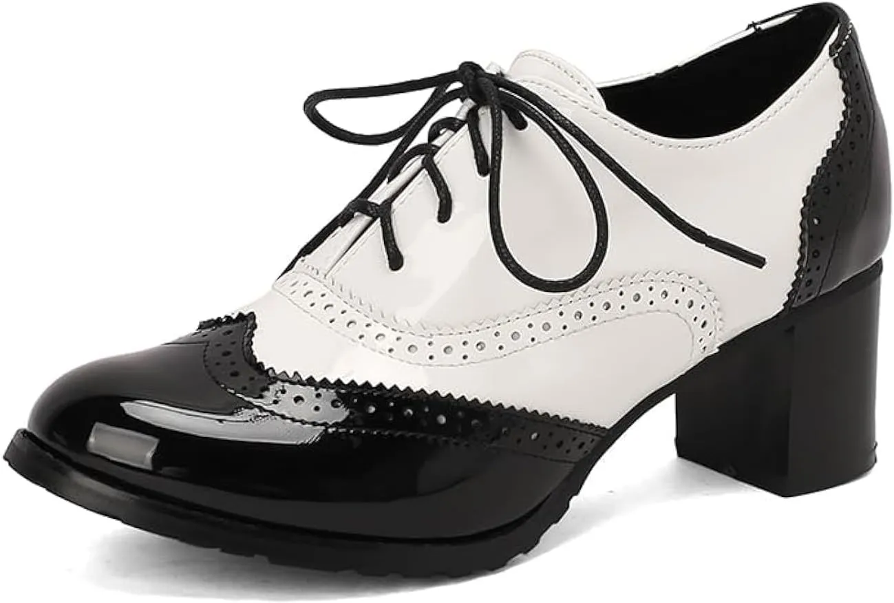 Womens Vintage Oxfords Shoes Chunky High Heels Lace Up Wingtip Two Tone Perforated Saddle Pumps Shoes