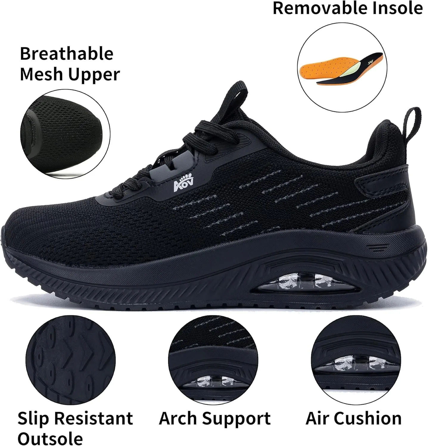 Women's Walking Shoes with Arch Support Orthotic Sneakers for Plantar Fasciitis Heel and Foot Pain Relief Tennis AllBlack Size 6.5