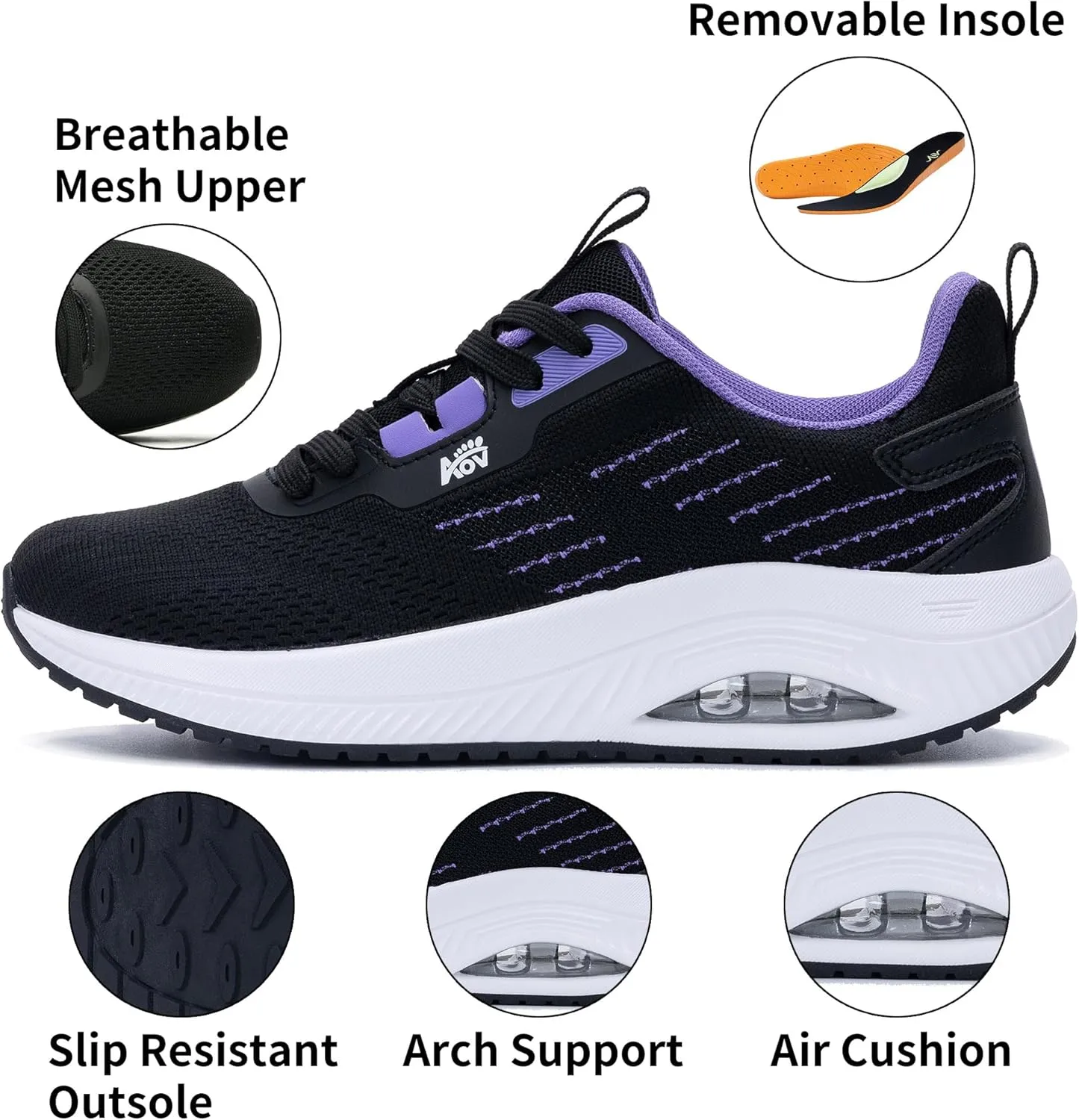 Women's Walking Shoes with Arch Support Orthotic Sneakers for Plantar Fasciitis Heel and Foot Pain Relief Tennis PurpleBlack Size 8