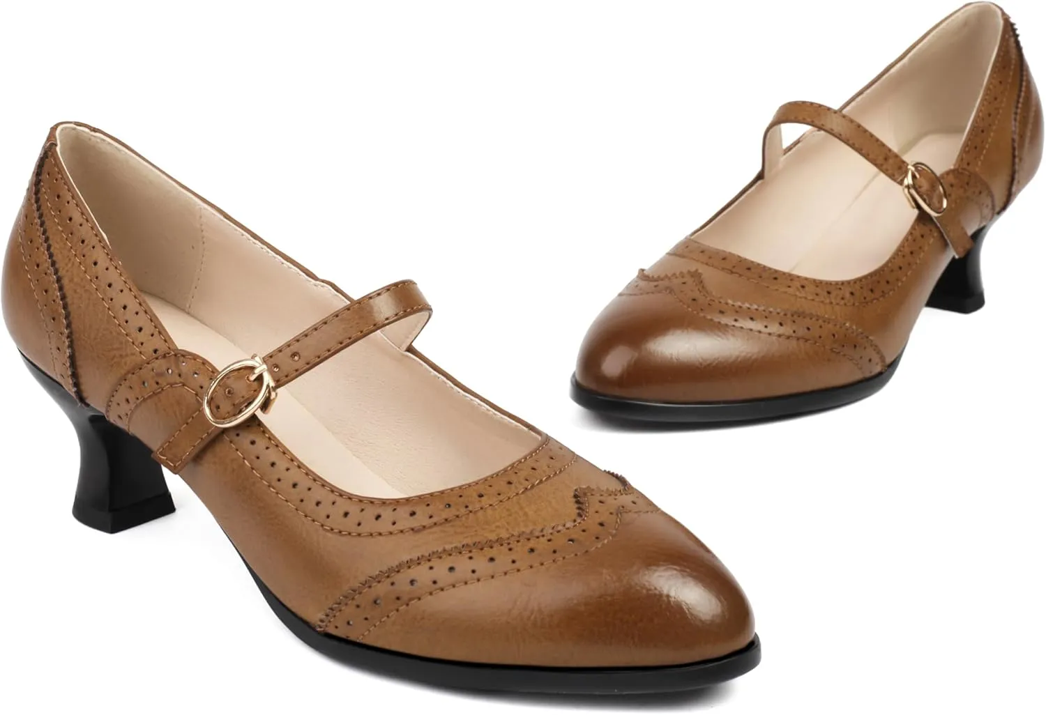 Women's Wingtip Mary Jane Low Kitten Heel Vintage Chunky Heels Ankle Strap Closed Round Toe Pumps Oxford Brogue Work Dress Shoes