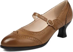 Women's Wingtip Mary Jane Low Kitten Heel Vintage Chunky Heels Ankle Strap Closed Round Toe Pumps Oxford Brogue Work Dress Shoes