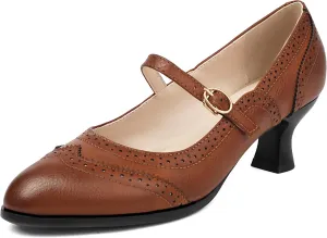 Women's Wingtip Mary Jane Low Kitten Heel Vintage Chunky Heels Ankle Strap Closed Round Toe Pumps Oxford Brogue Work Dress Shoes