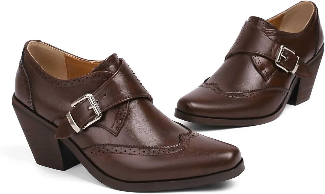 Women's Wingtip Oxford Shoes Snip Toe Chunky Heel Ankle Booties