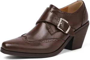 Women's Wingtip Oxford Shoes Snip Toe Chunky Heel Ankle Booties