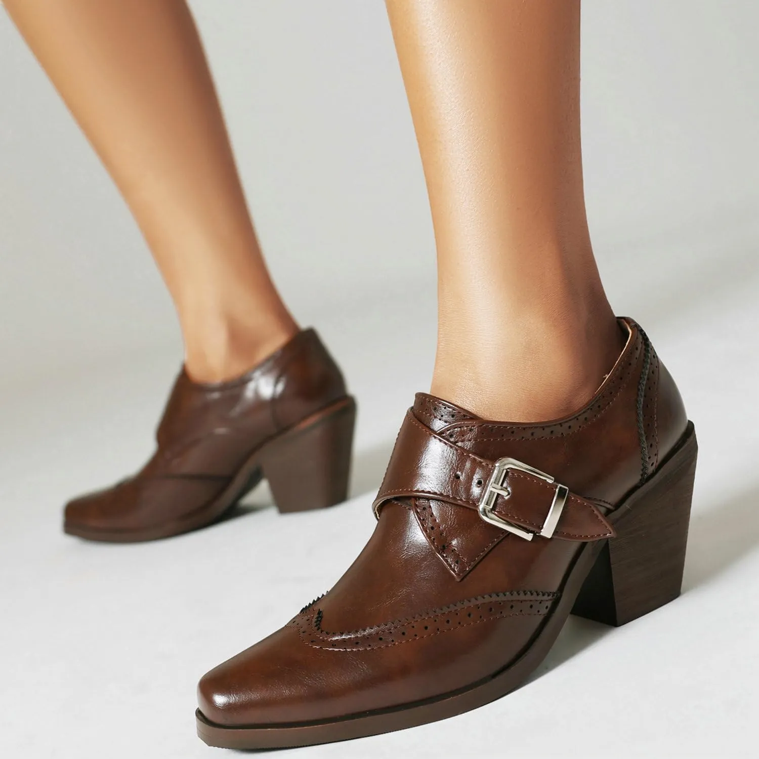 Women's Wingtip Oxford Shoes Snip Toe Chunky Heel Ankle Booties