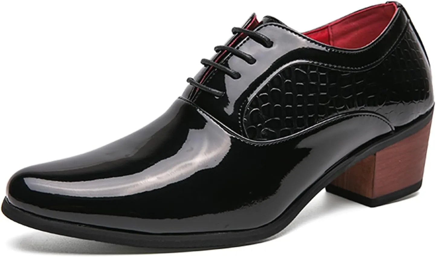 WVBVLO Men's Leather Block Heels Oxford Shoes Pointed Toe Lace up Comfort Breathable Chunky Heels Dress Shoes for Business Work Dating