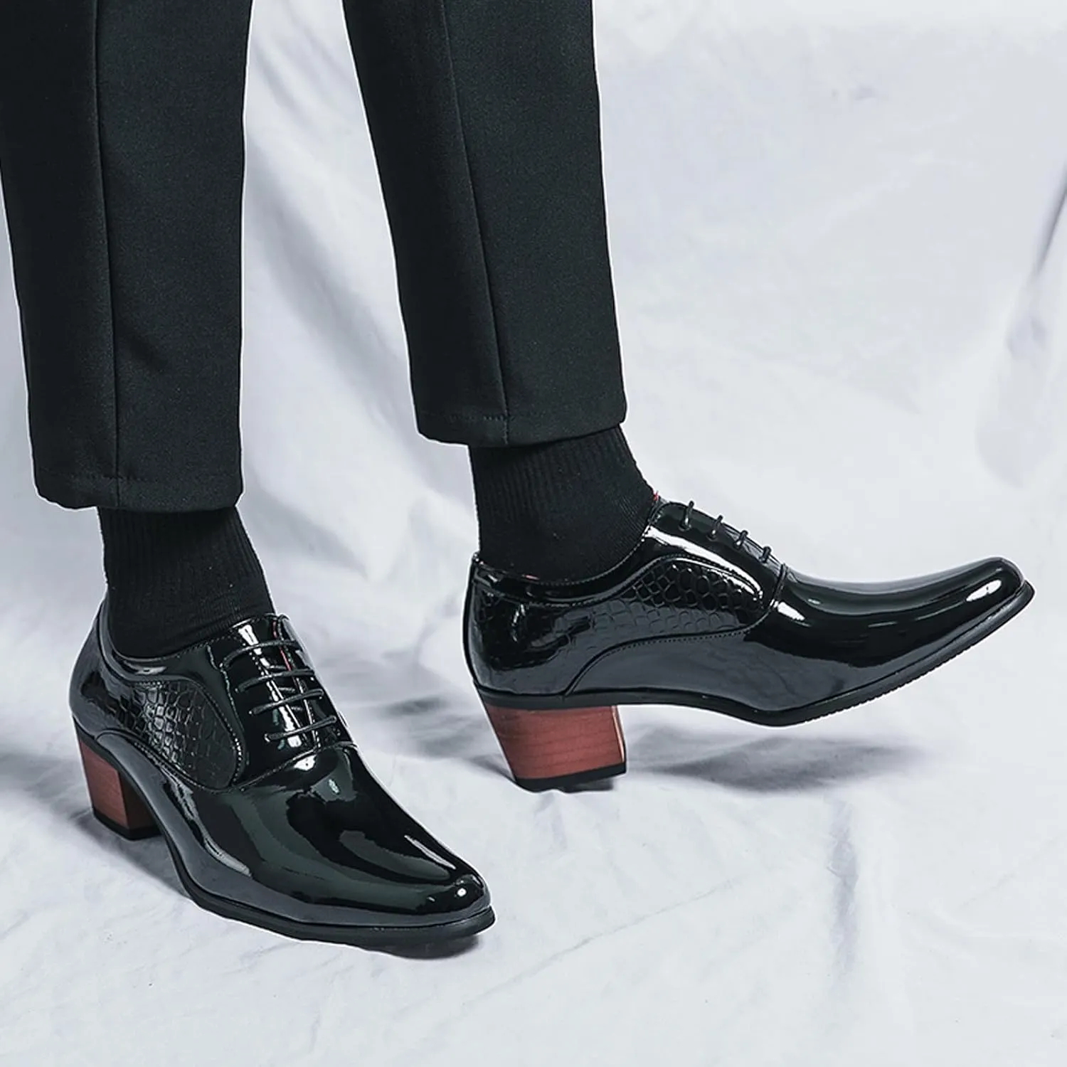 WVBVLO Men's Leather Block Heels Oxford Shoes Pointed Toe Lace up Comfort Breathable Chunky Heels Dress Shoes for Business Work Dating
