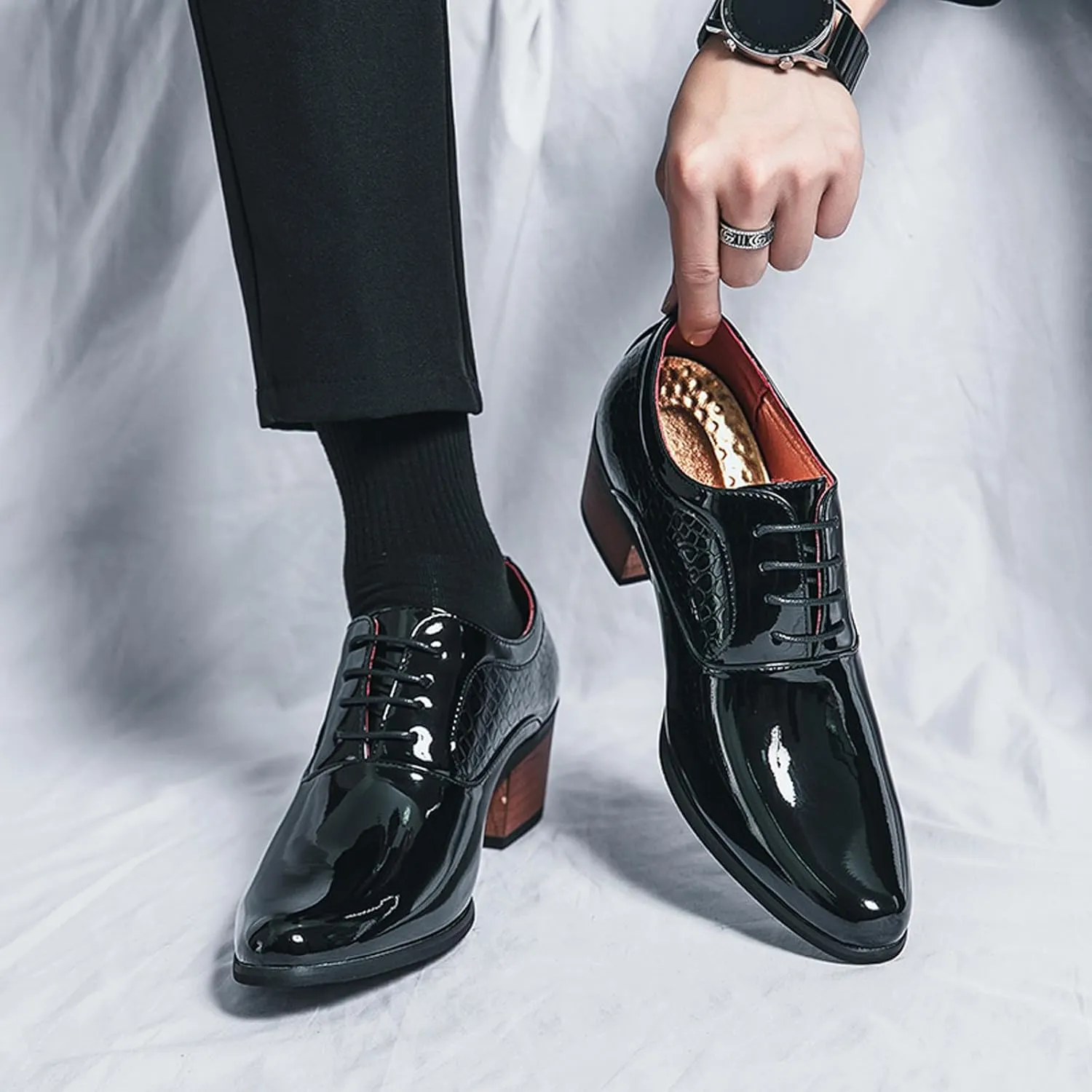 WVBVLO Men's Leather Block Heels Oxford Shoes Pointed Toe Lace up Comfort Breathable Chunky Heels Dress Shoes for Business Work Dating