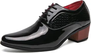 WVBVLO Men's Leather Block Heels Oxford Shoes Pointed Toe Lace up Comfort Breathable Chunky Heels Dress Shoes for Business Work Dating