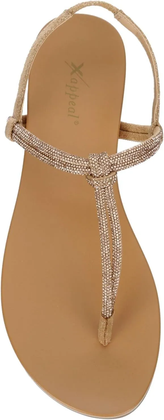 XAPPEAL Kali - Women's Open Toe Rhinestone T-Strap Slingback Flat Sandals