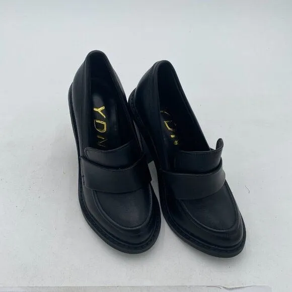 YDN Black Chunky High Heels Round Toe Oxford Loafer Slip On Office Work Pumps