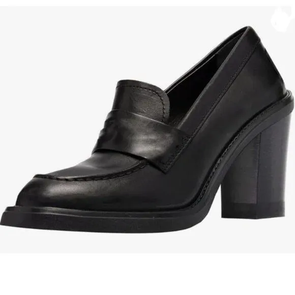 YDN Black Chunky High Heels Round Toe Oxford Loafer Slip On Office Work Pumps