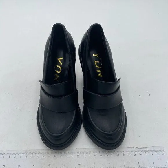 YDN Black Chunky High Heels Round Toe Oxford Loafer Slip On Office Work Pumps