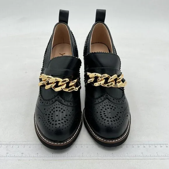 YDN Black Women Chunky High Heels Round Toe Oxford Chain Loafer Shoes