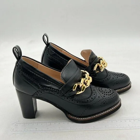 YDN Black Women Chunky High Heels Round Toe Oxford Chain Loafer Shoes